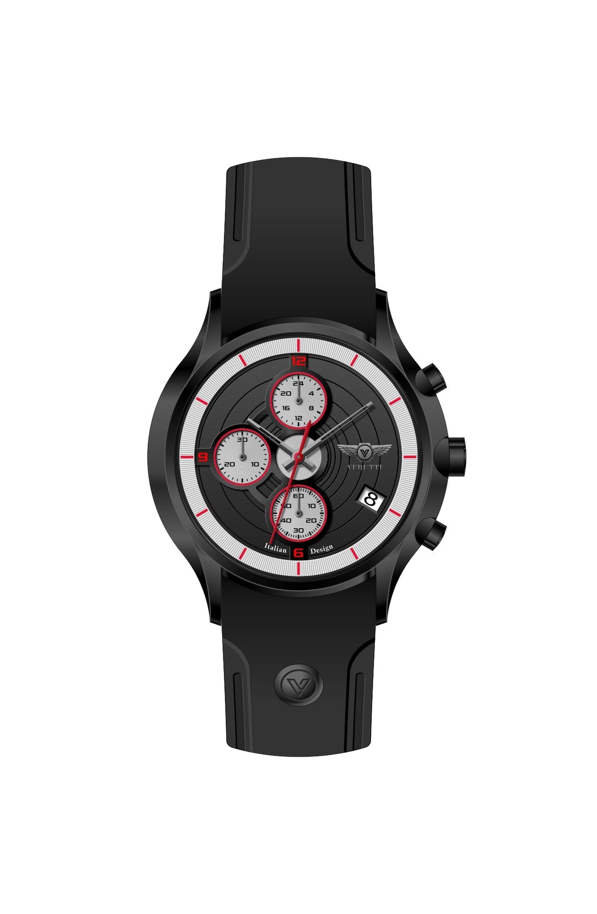 Image ALT:
Verutti VR 1127-02 men's luxury chronograph watch with black dial, red accents and black silicone strap