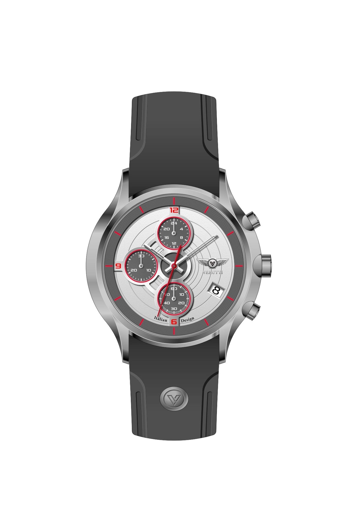 Verutti VR 1127-03 men's luxury chronograph watch with silver dial, red chronograph accents and black silicone strap