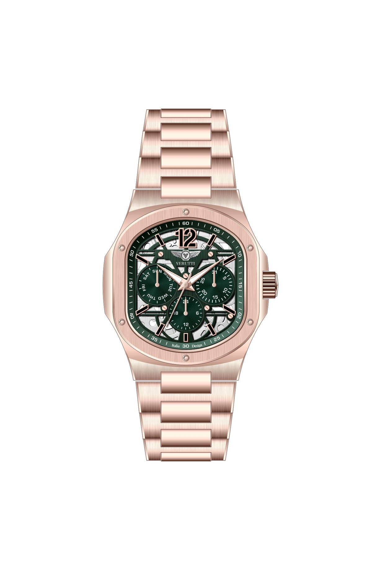 Verutti VR-1134-02 men's multi-function skeleton watch with rose-gold-tone cushion-shaped case