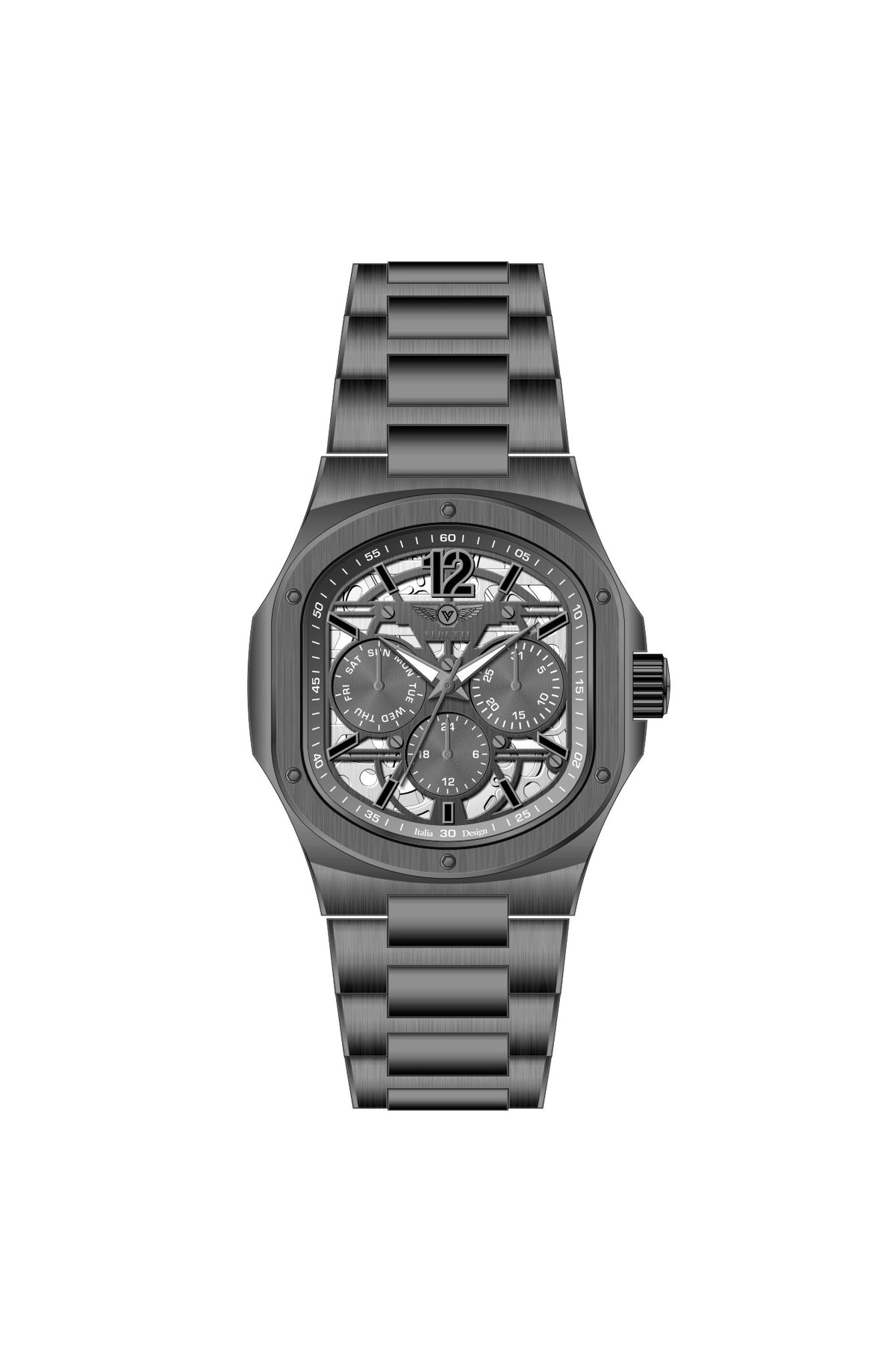 Verutti VR-1134-03 men's multi-function skeleton watch with gunmetal black cushion-shaped case