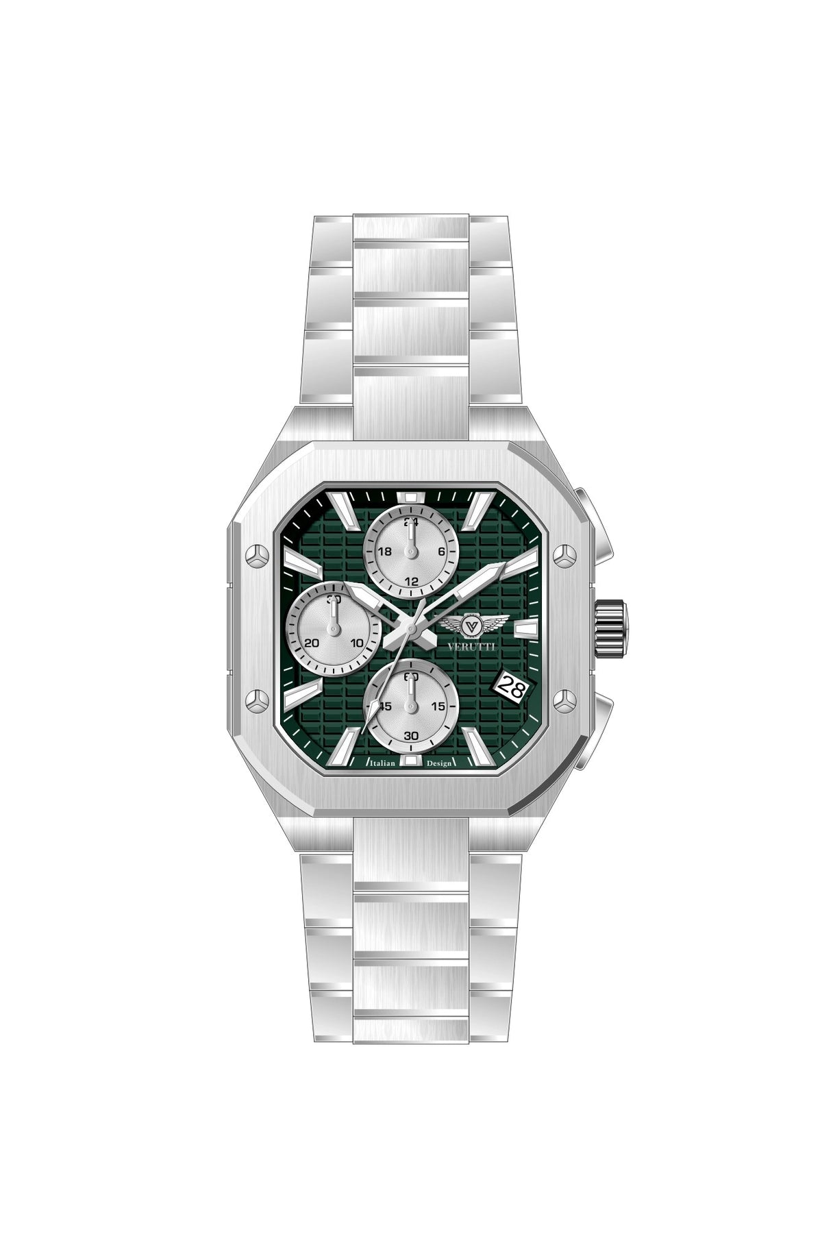 Verutti VR-1135-03 men's luxury chronograph with olive green patterned dial and silver stainless steel bracelet