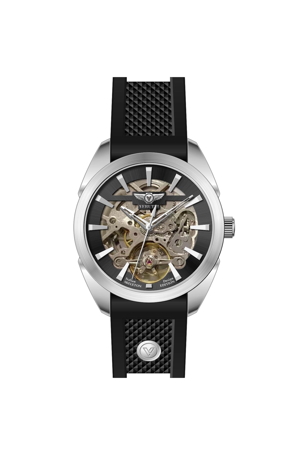 Verutti VR 1121-01 men's automatic skeleton watch with silver-tone case and black silicone strap