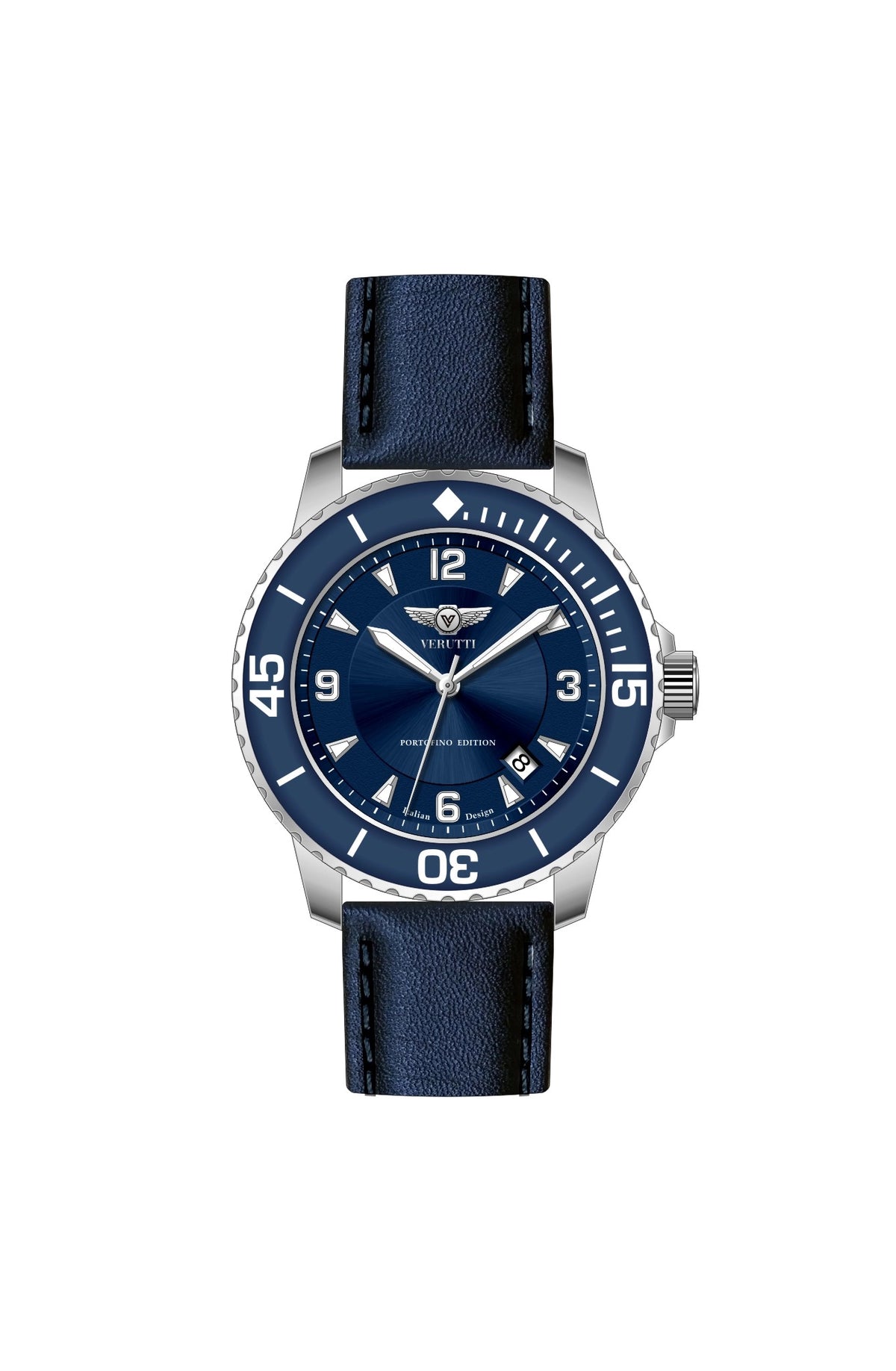 Verutti VR 1124-01 men's luxury watch with sunray blue dial and navy leather strap