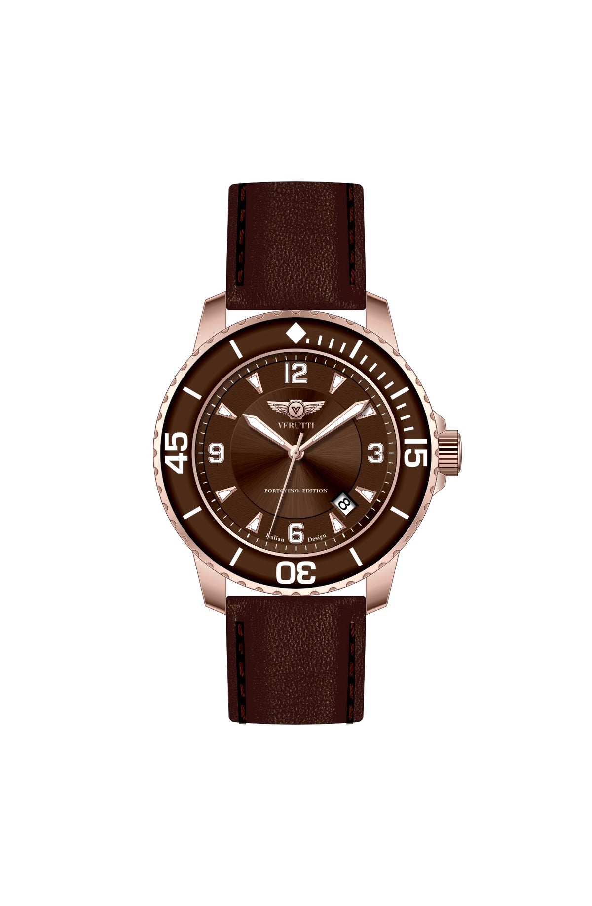 Verutti VR 1124-03 men's luxury watch with sunray brown dial and dark brown leather strap