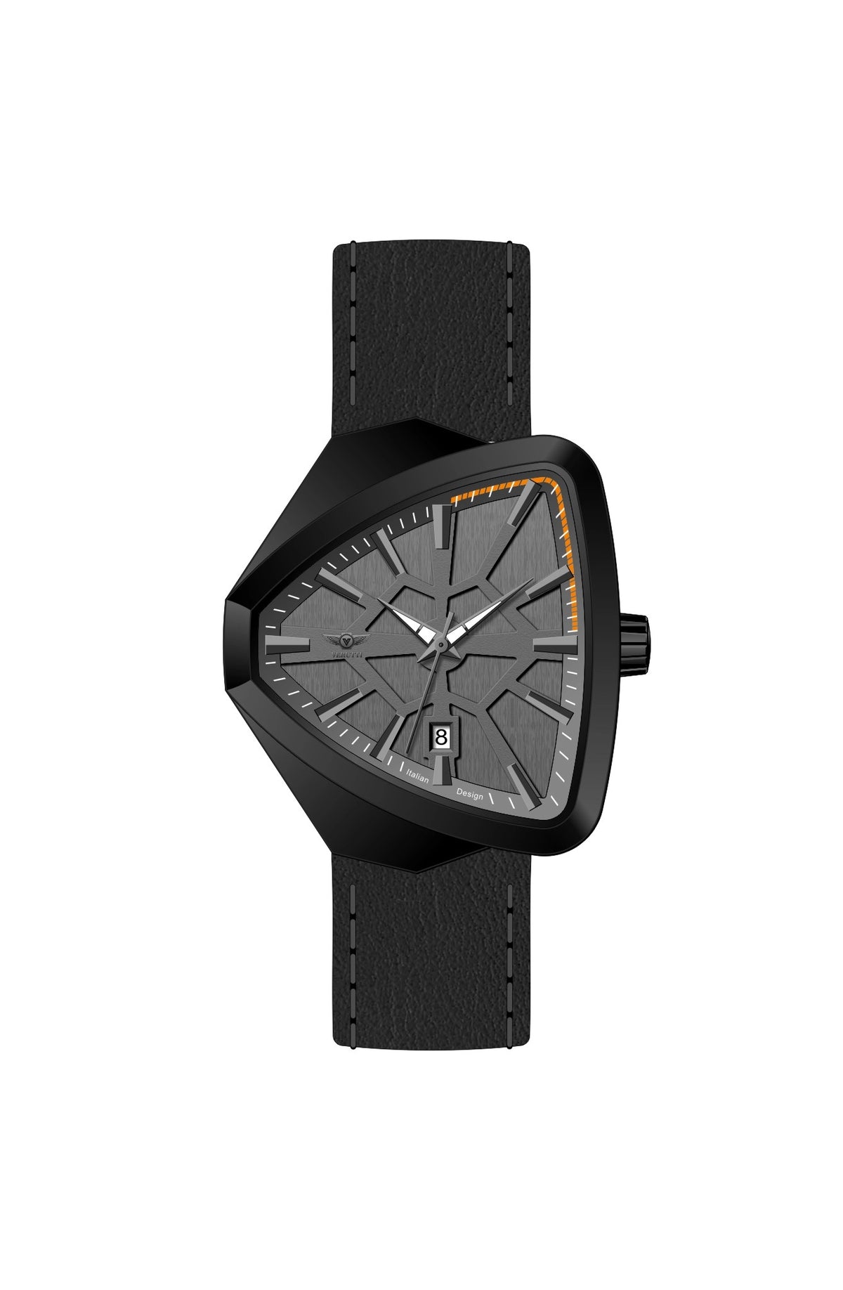 Verutti VR 1125-02 men's luxury watch with grey and black geometric dial and black leather strap
