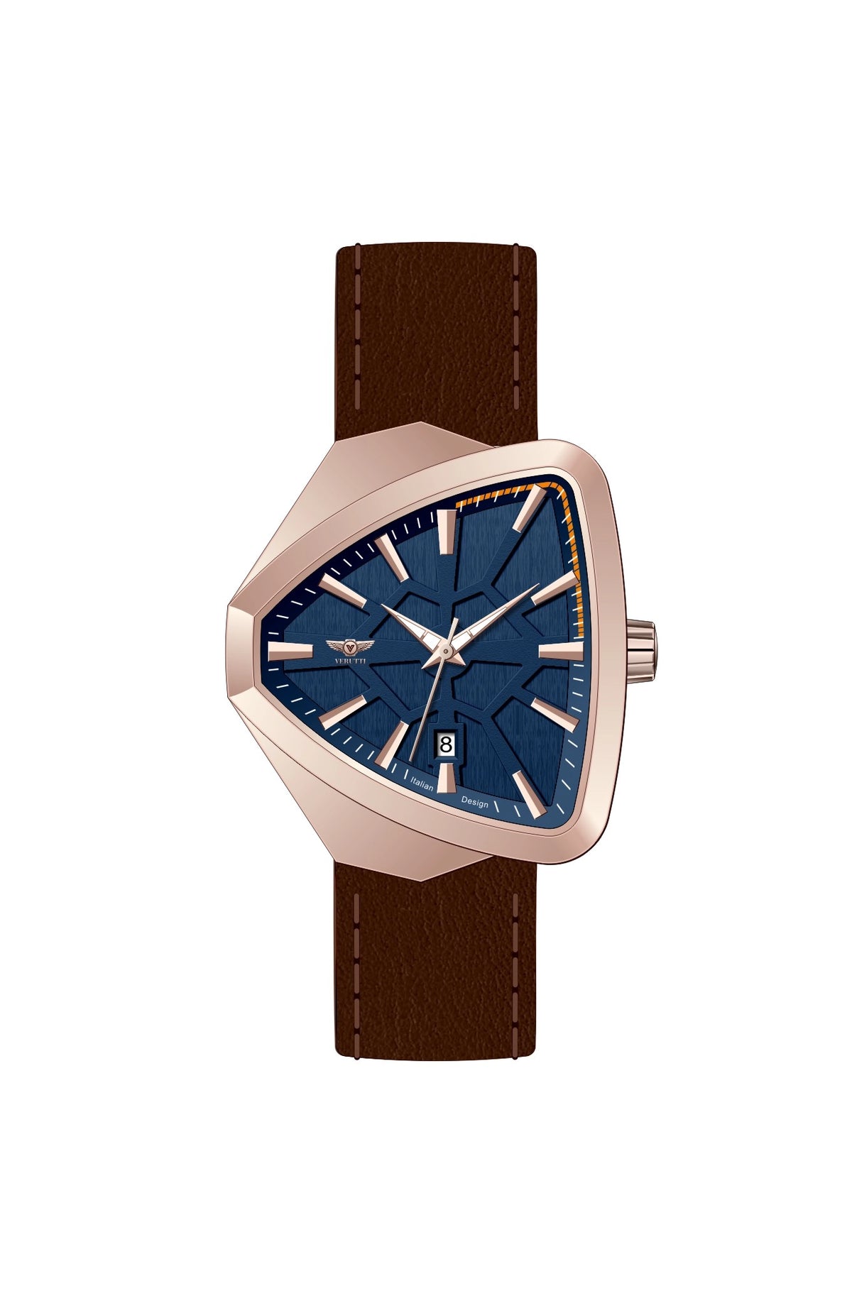 Verutti VR 1125-03 men's luxury watch with geometric navy blue dial, rose gold case and dark brown leather strap