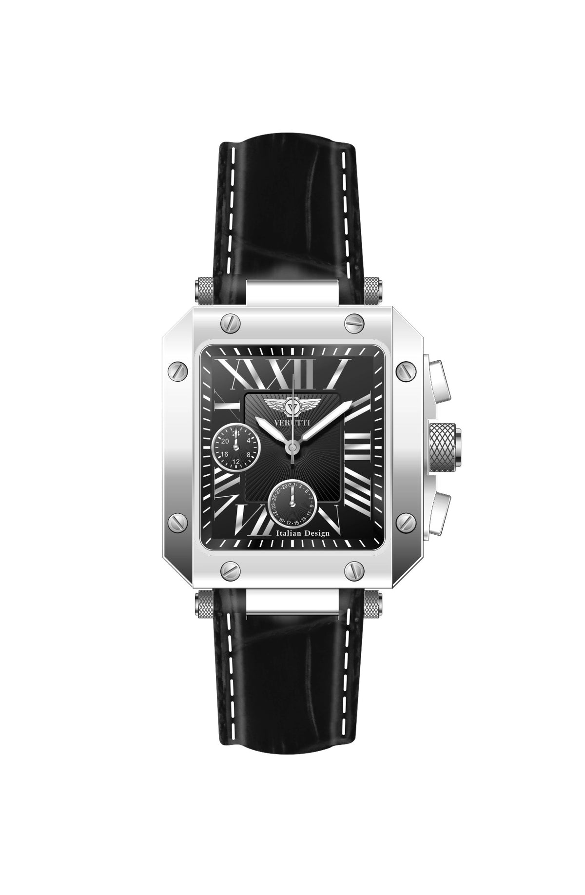 Verutti VR-1132-01 men's luxury watch with black patterned dial and black genuine leather strap