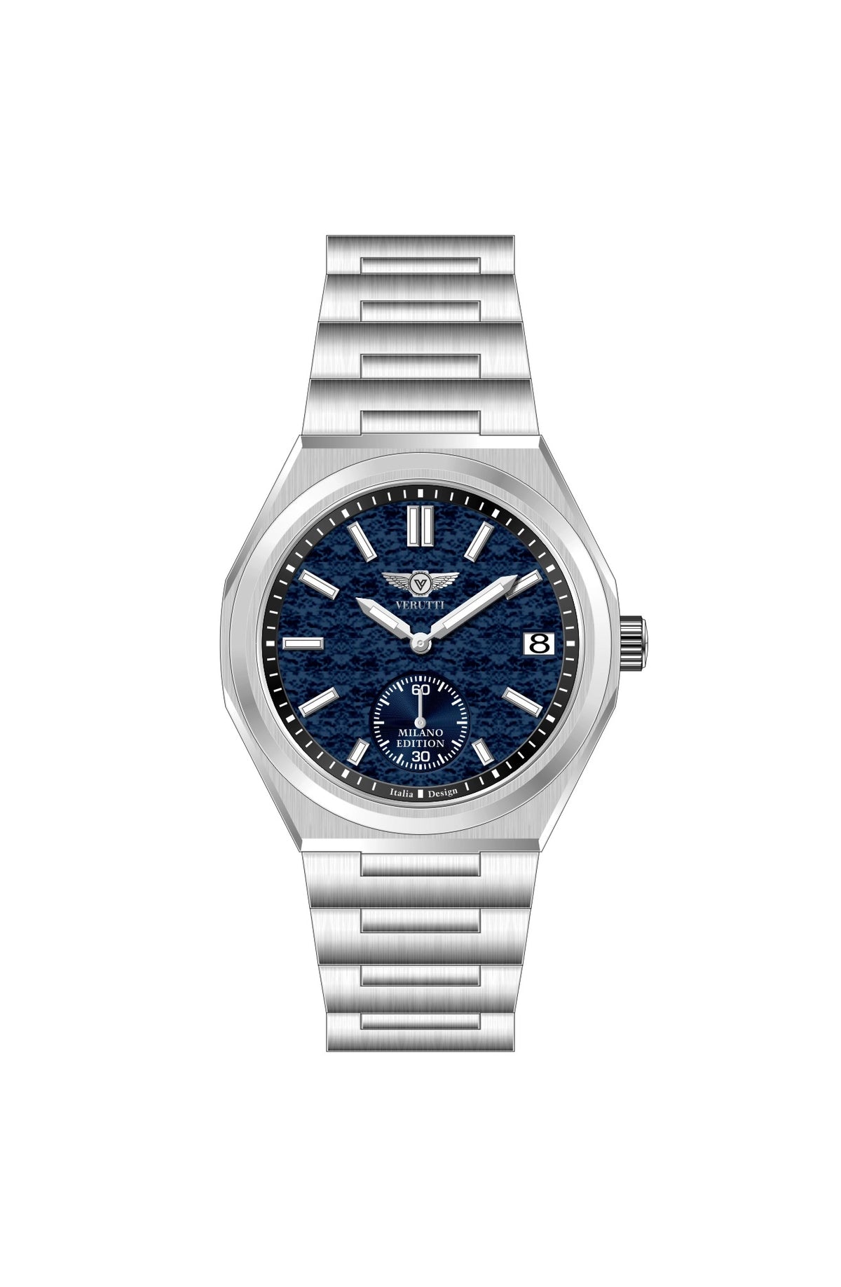 Verutti VR-1133-01 men's luxury watch with navy blue patterned dial and silver stainless steel bracelet