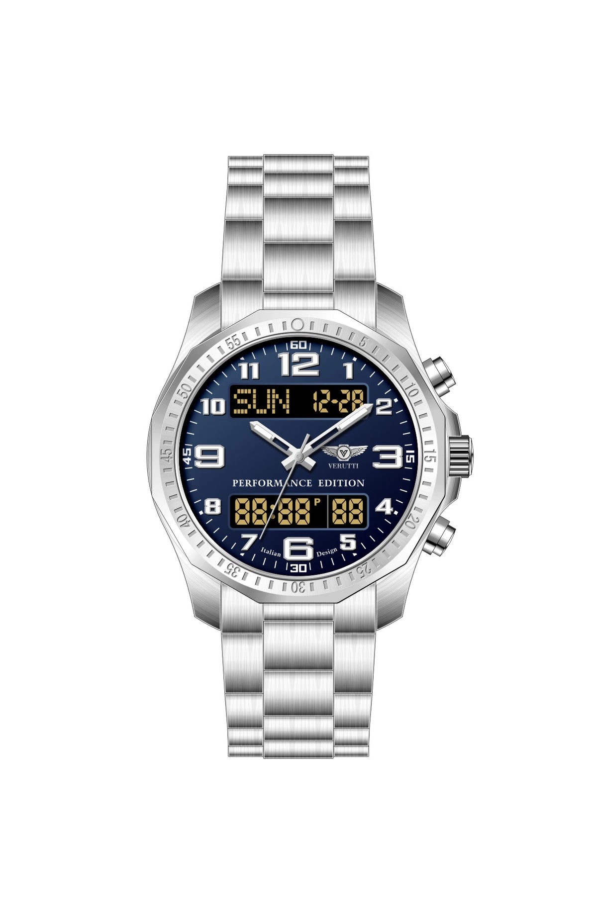 Verutti VR-1136-02 men's Ana-Digi watch with navy blue dial and silver stainless steel bracelet