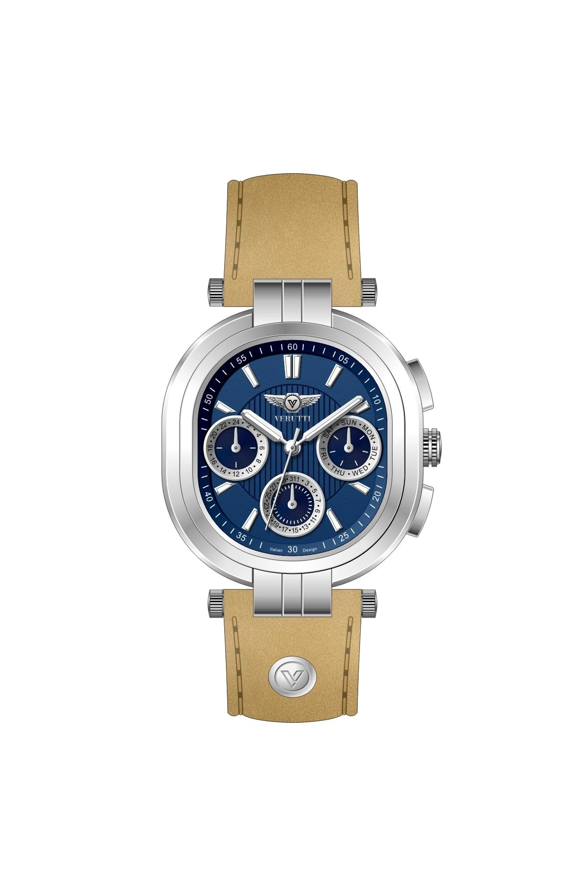 Verutti VR 1119-01 men's watch with navy blue textured dial and beige-tan leather strap
