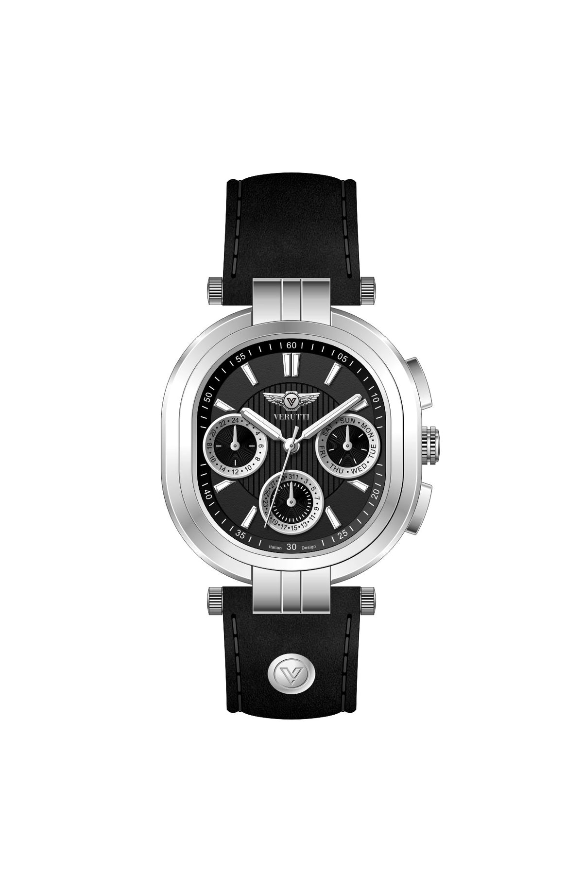 Verutti VR 1119-02 men's watch with black textured dial and black leather strap