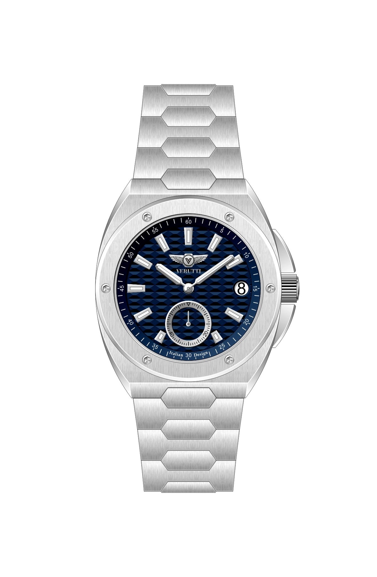 Verutti VR 1120-01 men's luxury watch with navy blue Tapisserie-pattern dial and integrated stainless steel bracelet