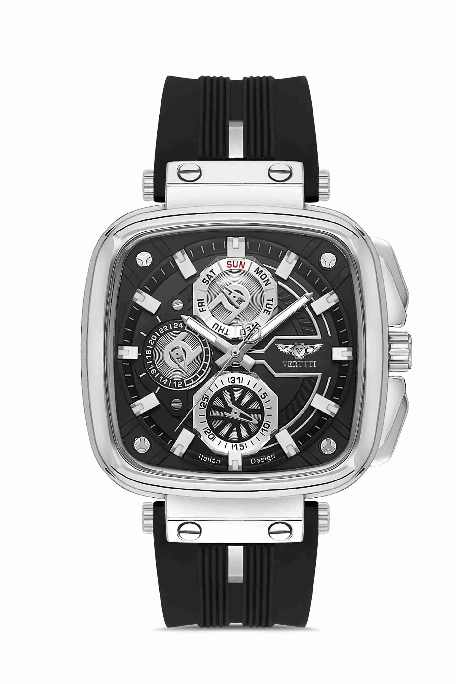 Men’s Luxury Watch – Verutti VR-1015-3
Black Silicone Strap & Multi-Function Black Dial