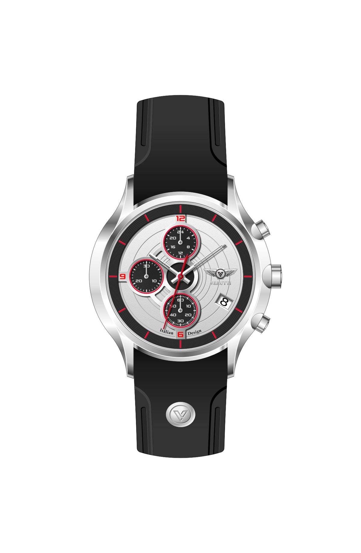 Verutti VR 1127-01 men's luxury chronograph watch with silver dial, red accents and black silicone strap