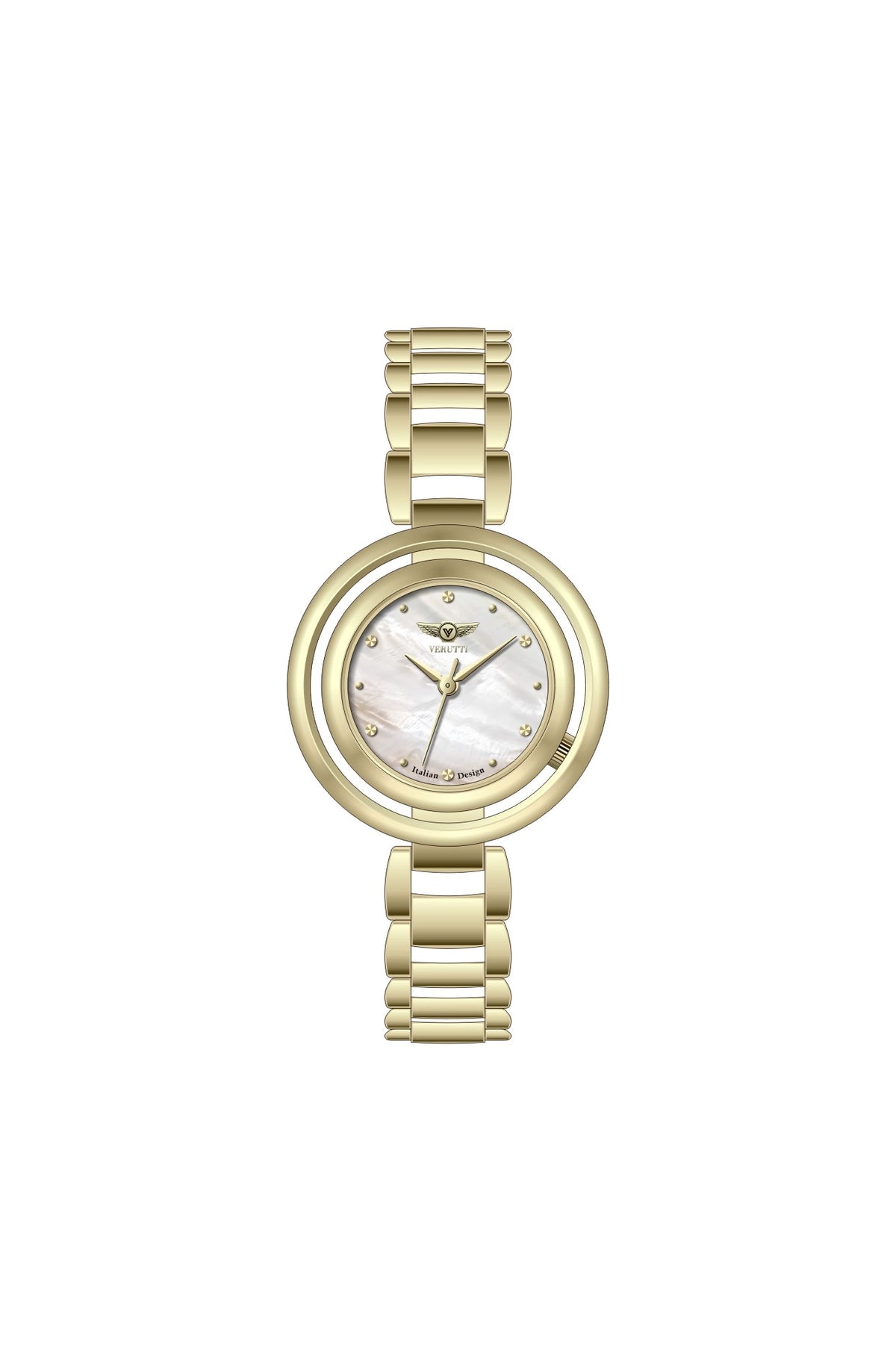 Image ALT:
Verutti VR 1128-02 women's luxury watch with white Mother of Pearl dial and gold-tone bracelet