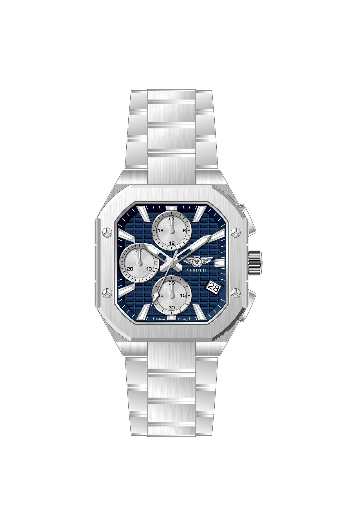 Verutti VR-1135-01 men's luxury chronograph with navy blue patterned dial and silver stainless steel bracelet