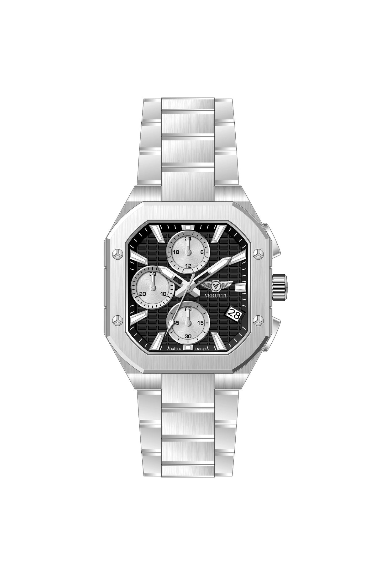 Verutti VR-1135-02 men's luxury chronograph with black patterned dial and silver stainless steel bracelet