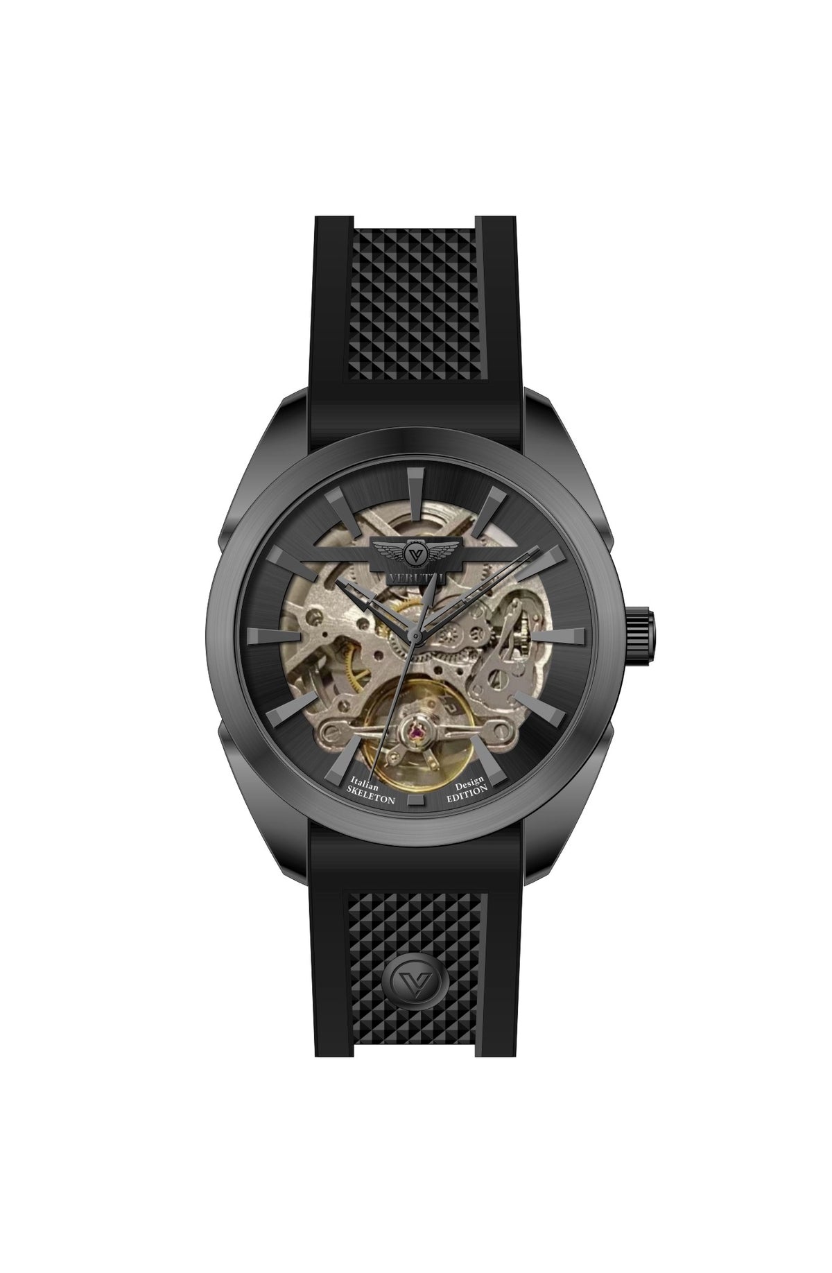 Verutti VR 1121-02 men's automatic skeleton watch with dark black case and black silicone strap