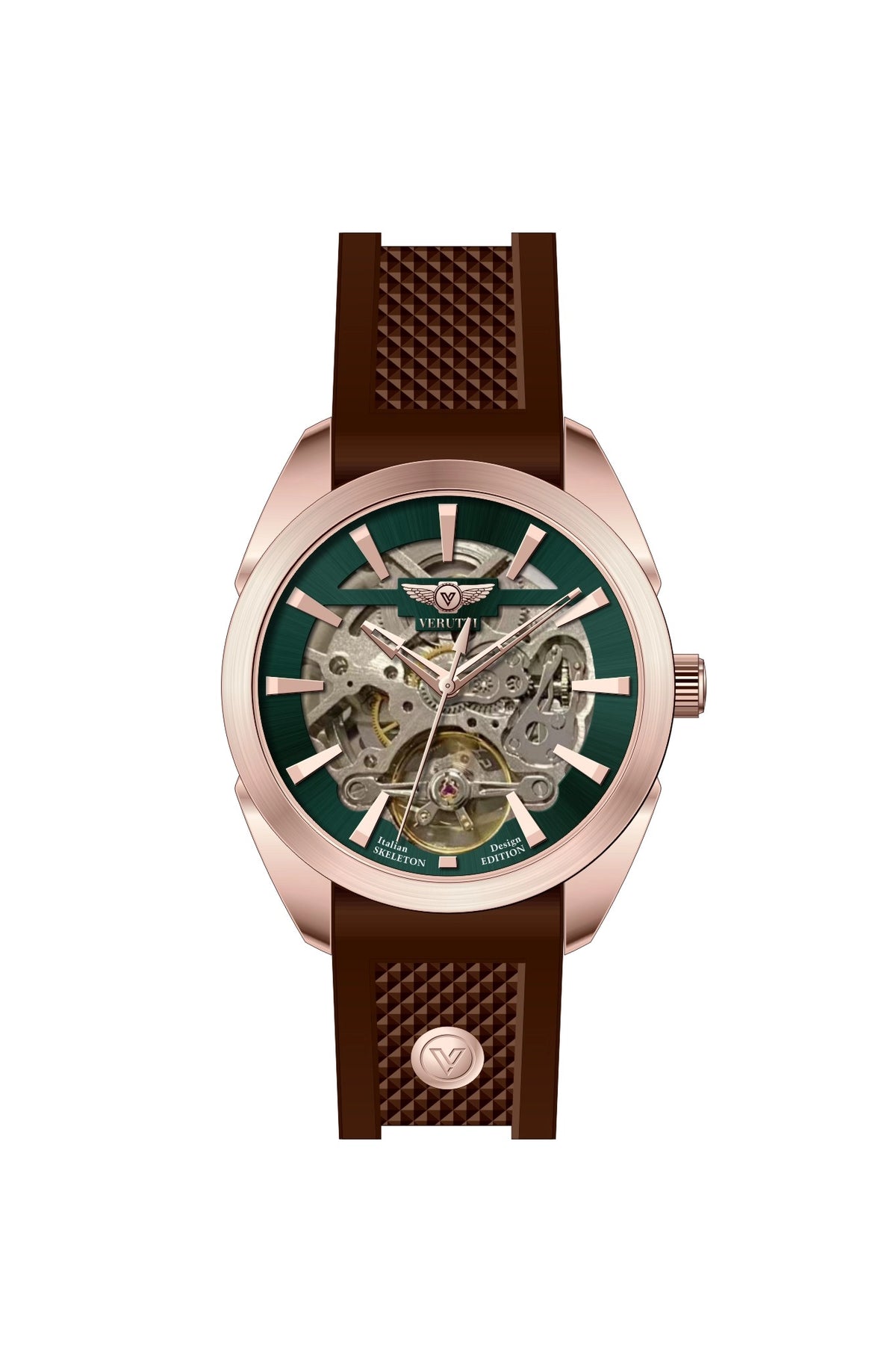 Verutti VR 1121-03 men's automatic skeleton watch with rose gold-tone case, olive green dial and dark brown silicone strap
