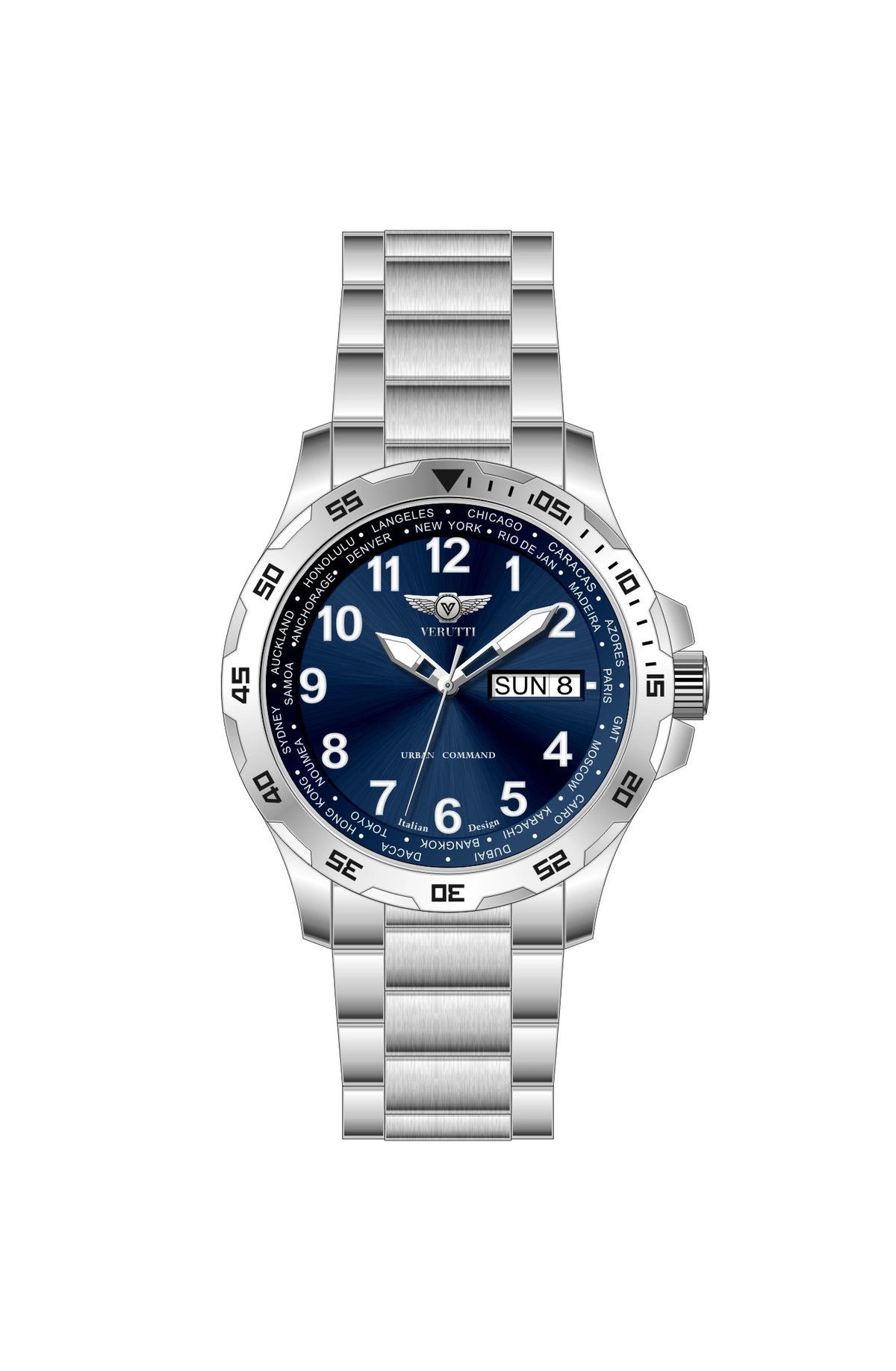 Verutti VR 1122-01 men's luxury watch with glossy navy blue dial and silver stainless steel bracelet