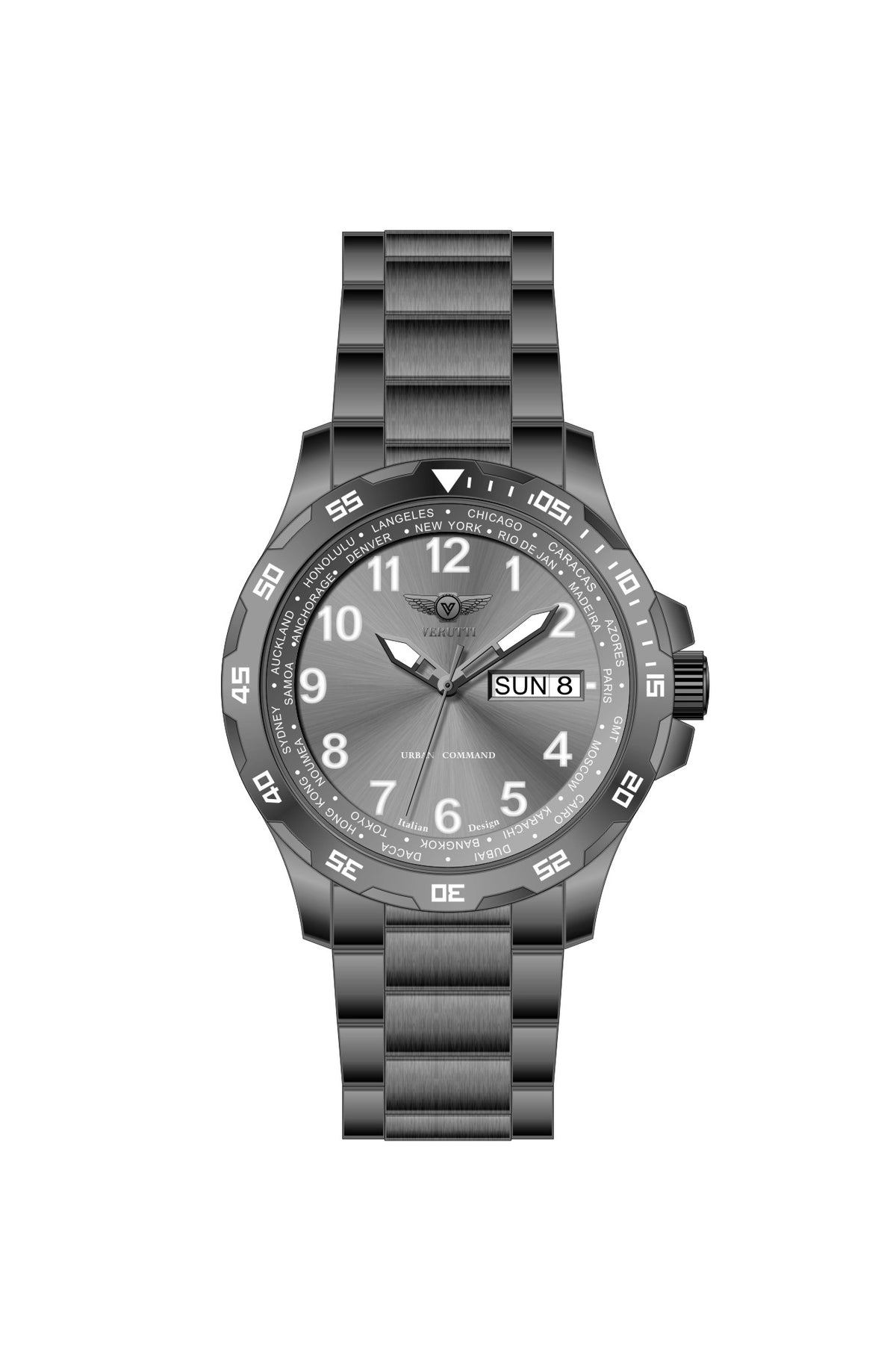 Verutti VR 1122-03 men's luxury watch with sunray grey dial and gunmetal grey stainless steel bracelet