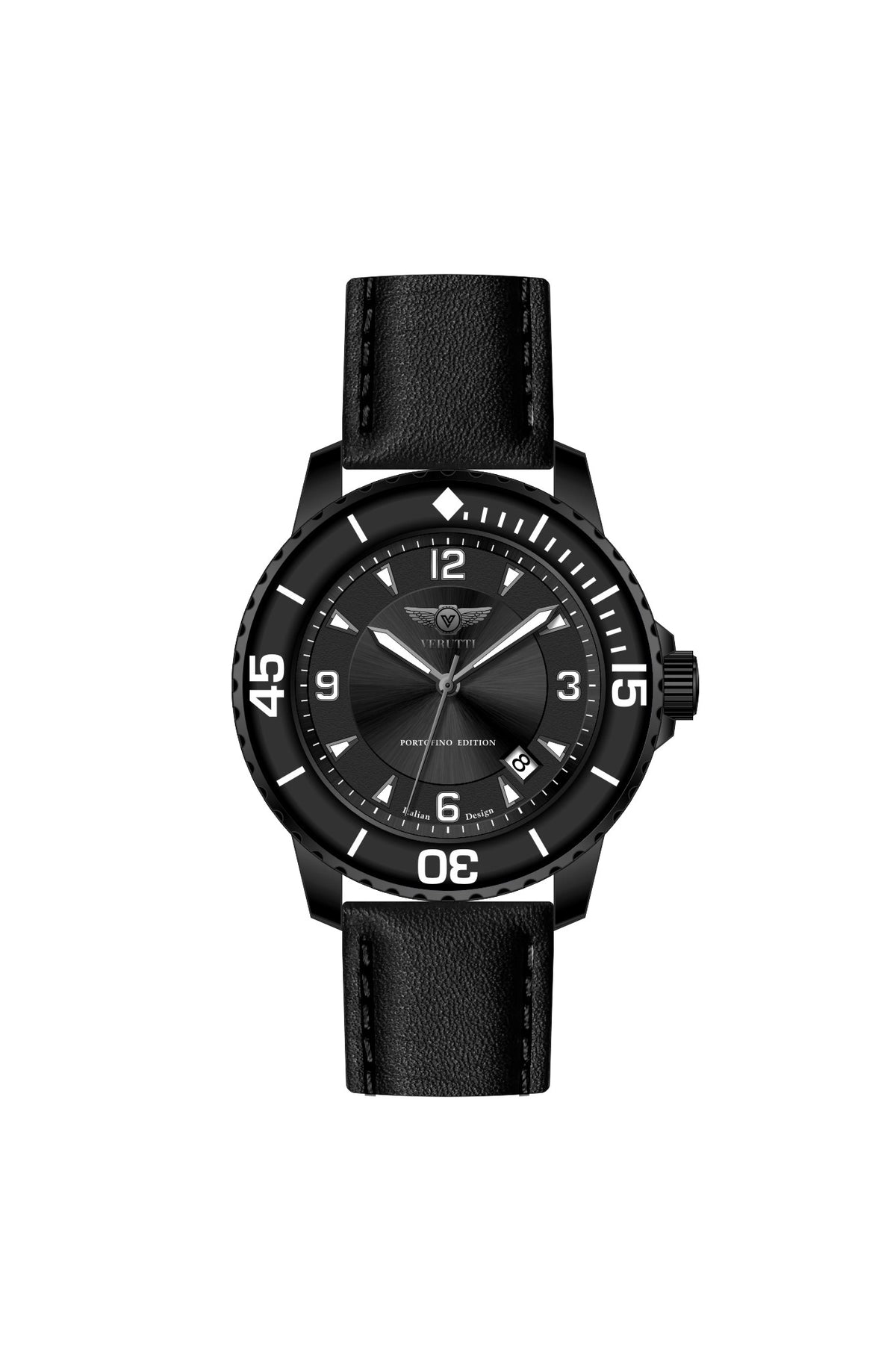Verutti VR 1124-02 men's luxury watch with dark black dial and black leather strap
