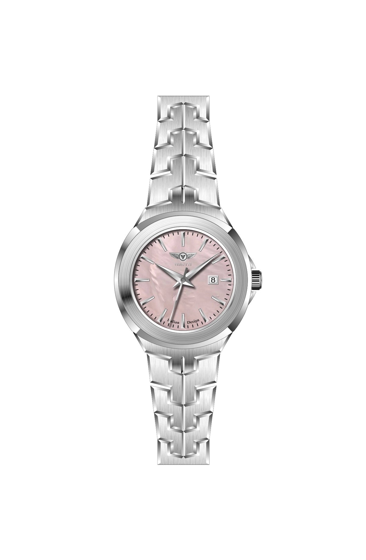Verutti VR-1131-01 women's luxury watch with soft pink wave-pattern dial and silver stainless steel bracelet