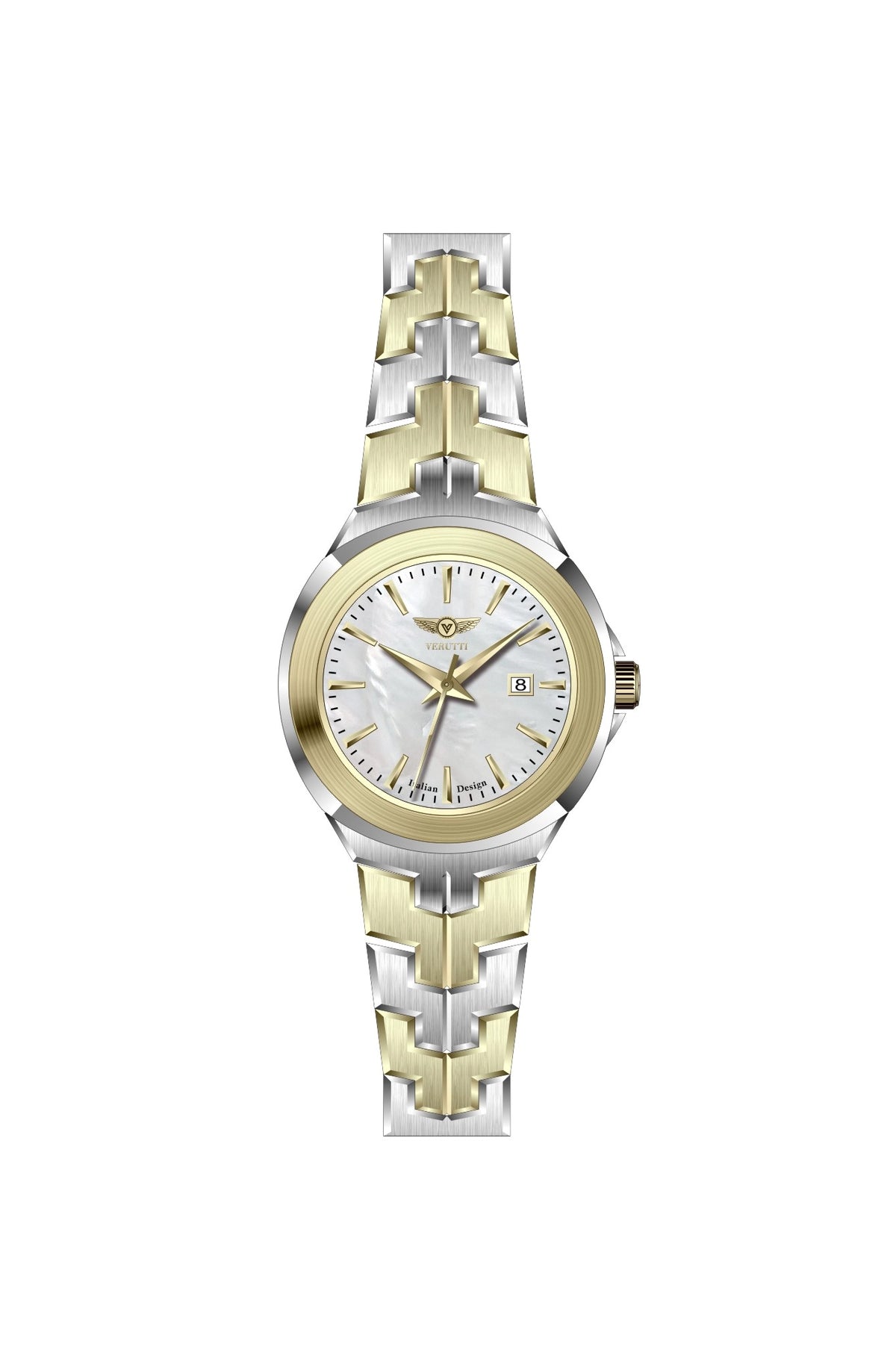 Verutti VR-1131-02 women's luxury watch with white silver wave-pattern dial and two-tone gold and silver bracelet