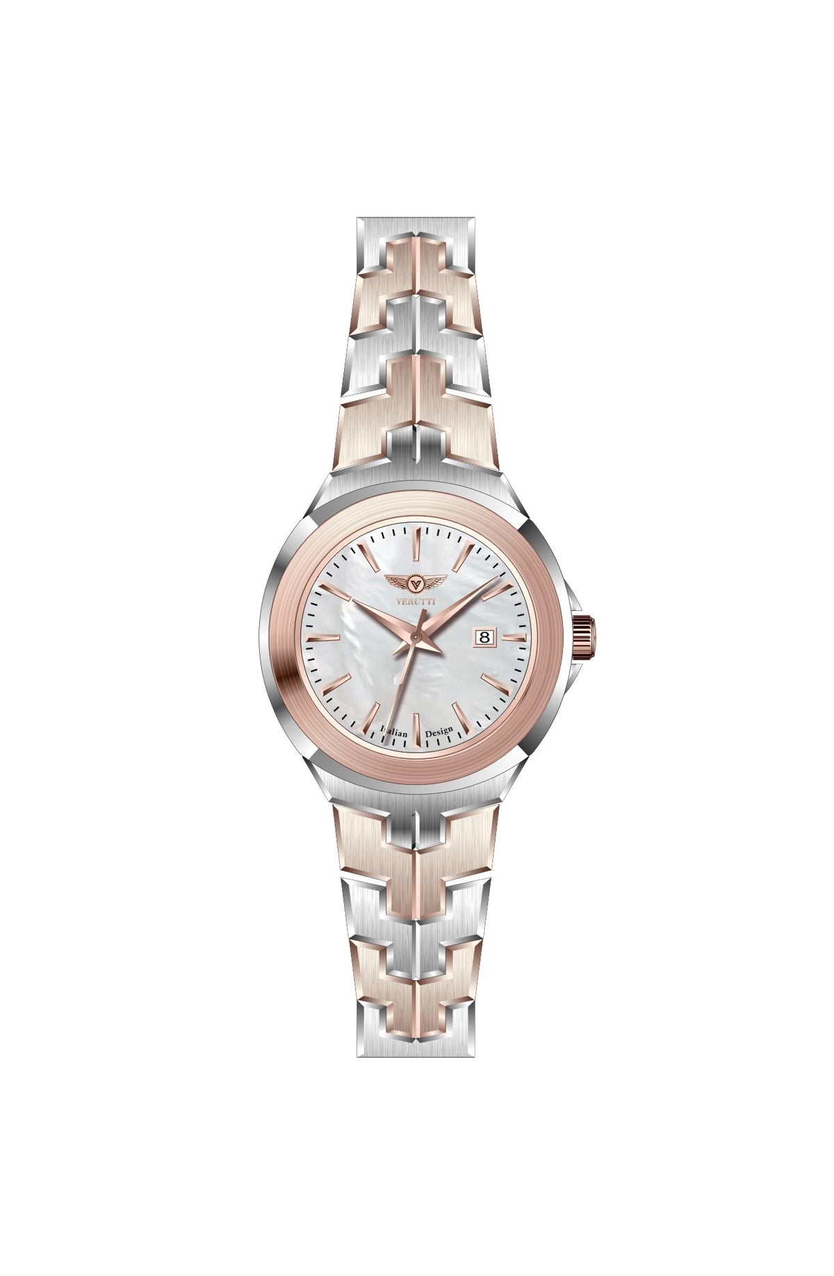 Verutti VR-1131-03 women's luxury watch with white silver wave-pattern dial and two-tone rose gold and silver bracelet
