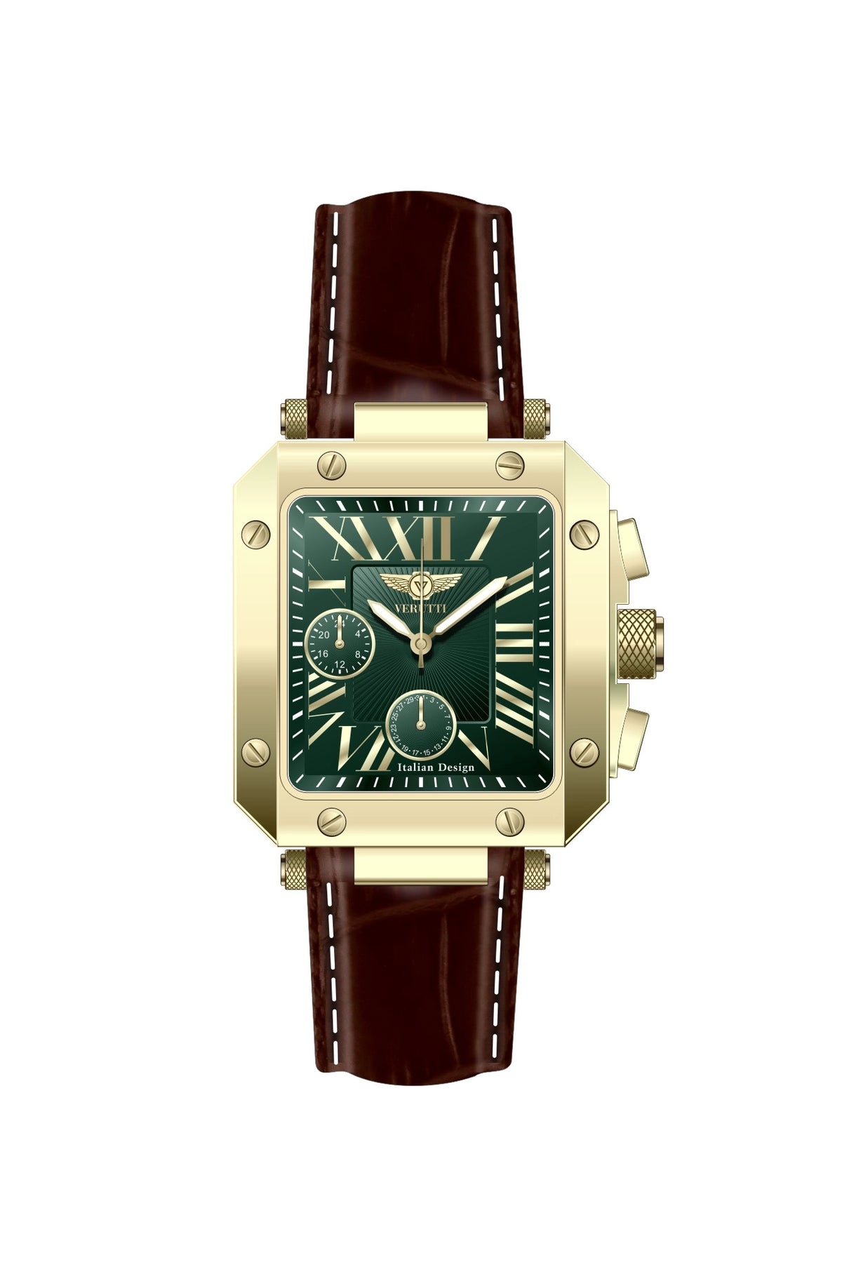Verutti VR-1132-02 men's luxury watch with green patterned dial and dark brown genuine leather strap