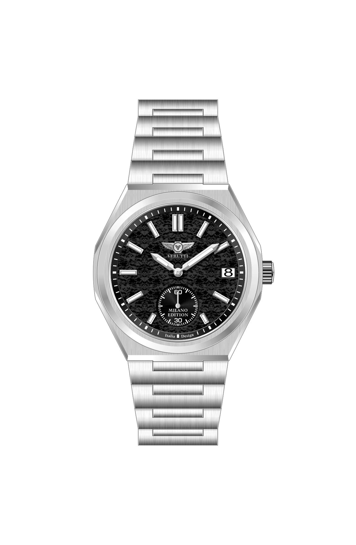 Verutti VR-1133-02 men's luxury watch with black patterned dial and silver stainless steel bracelet