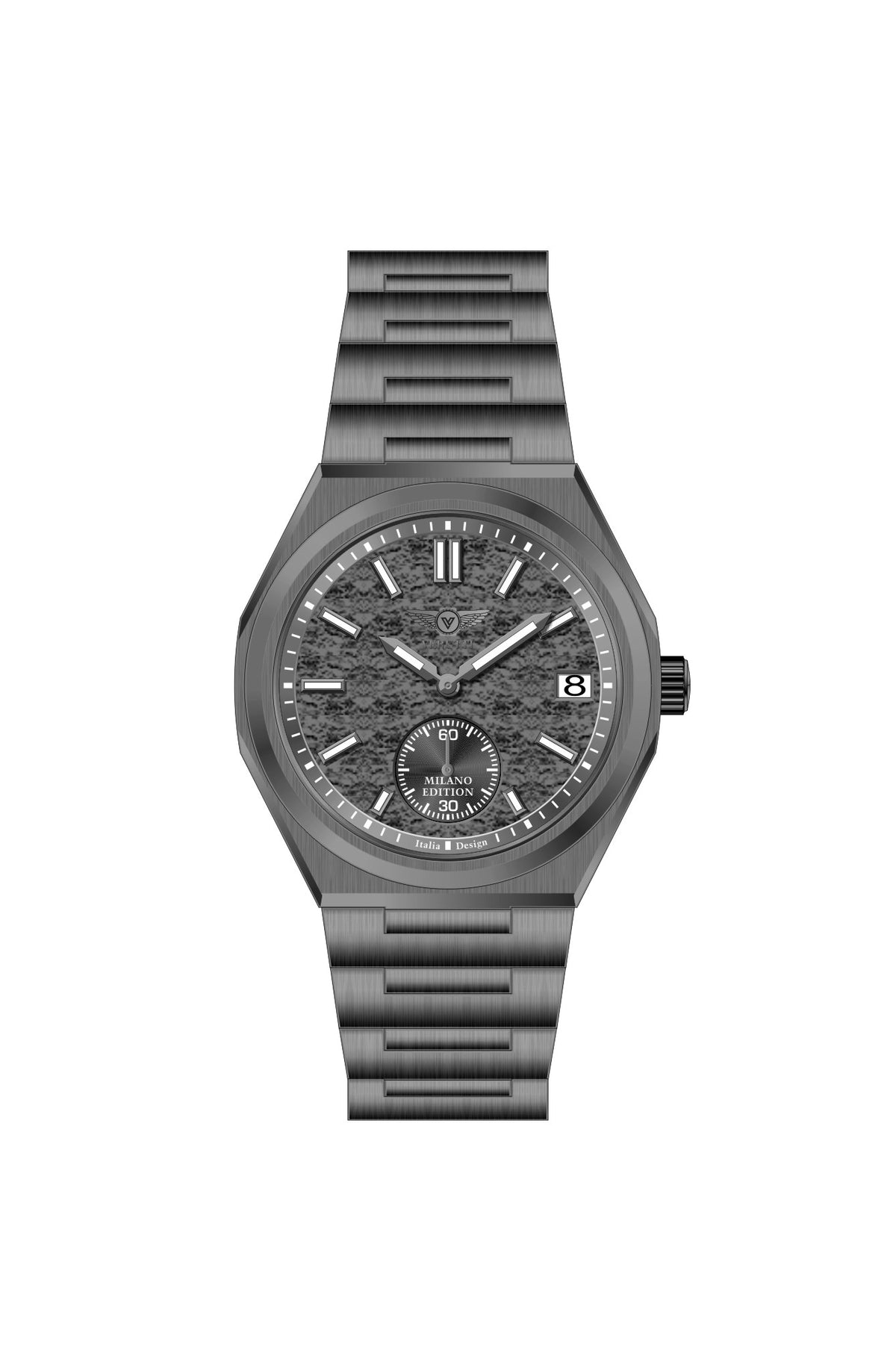Verutti VR-1133-03 men's luxury watch with gunmetal gray patterned dial and stainless steel bracelet