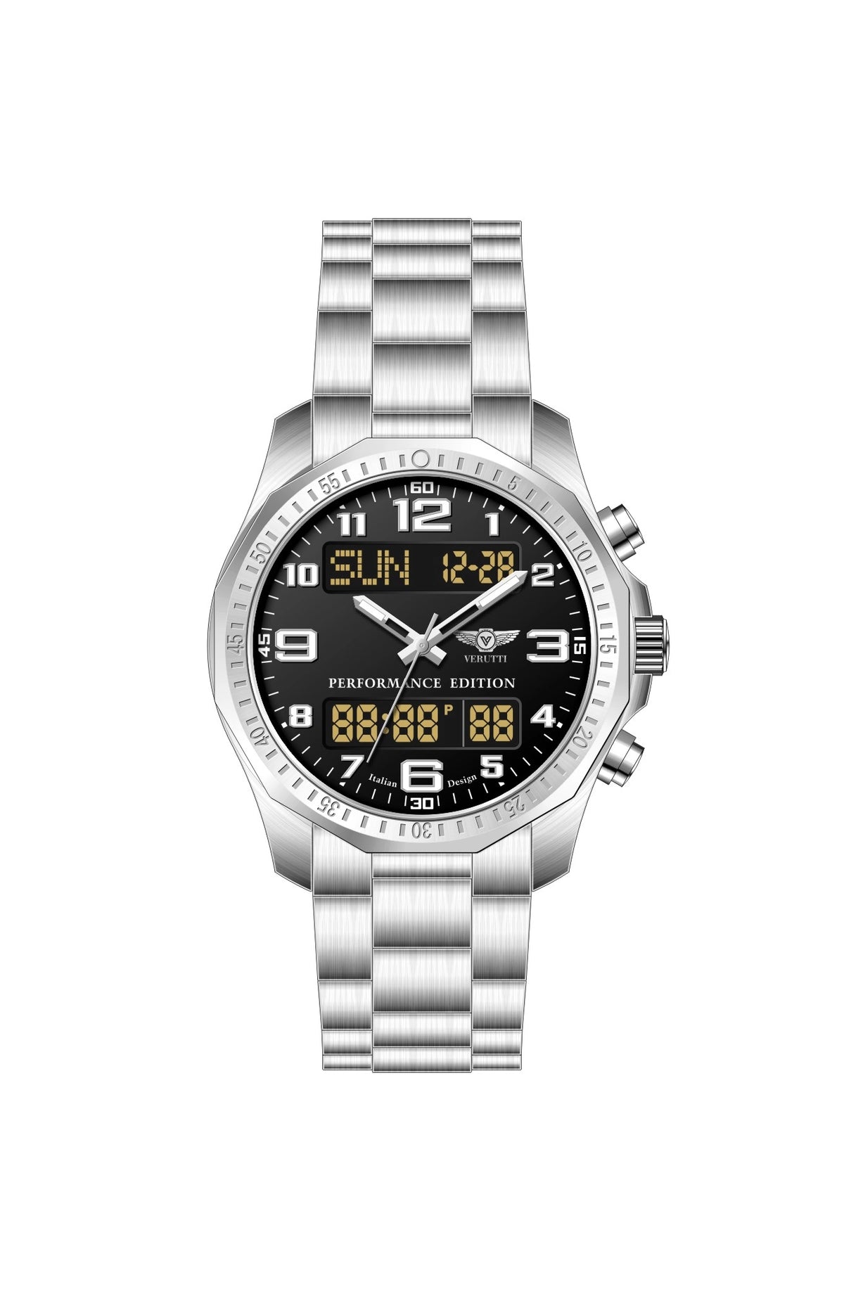 Verutti VR-1136-01 men's Ana-Digi watch with black dial and silver stainless steel bracelet