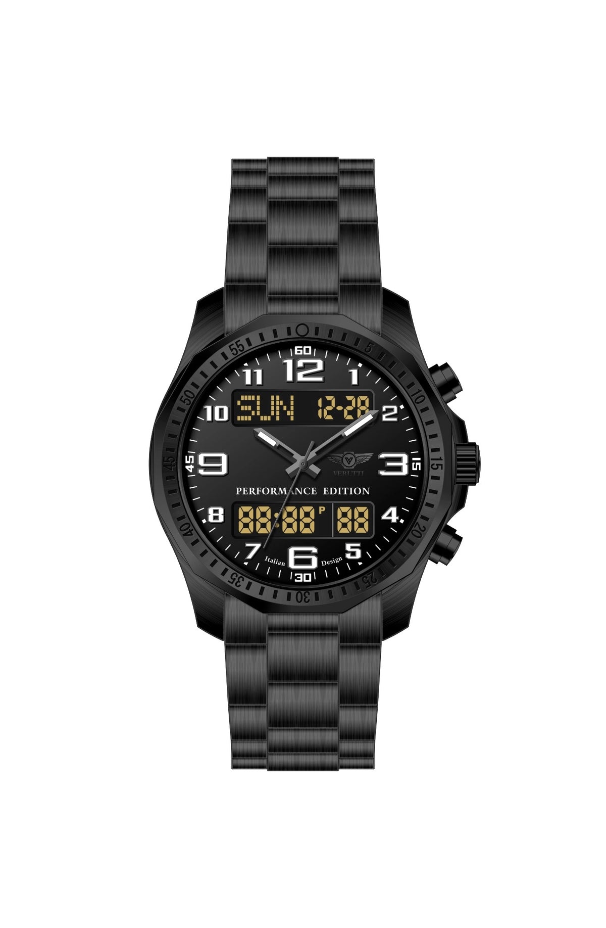 Verutti VR-1136-03 men's Ana-Digi watch with black-tone case and stainless steel bracelet