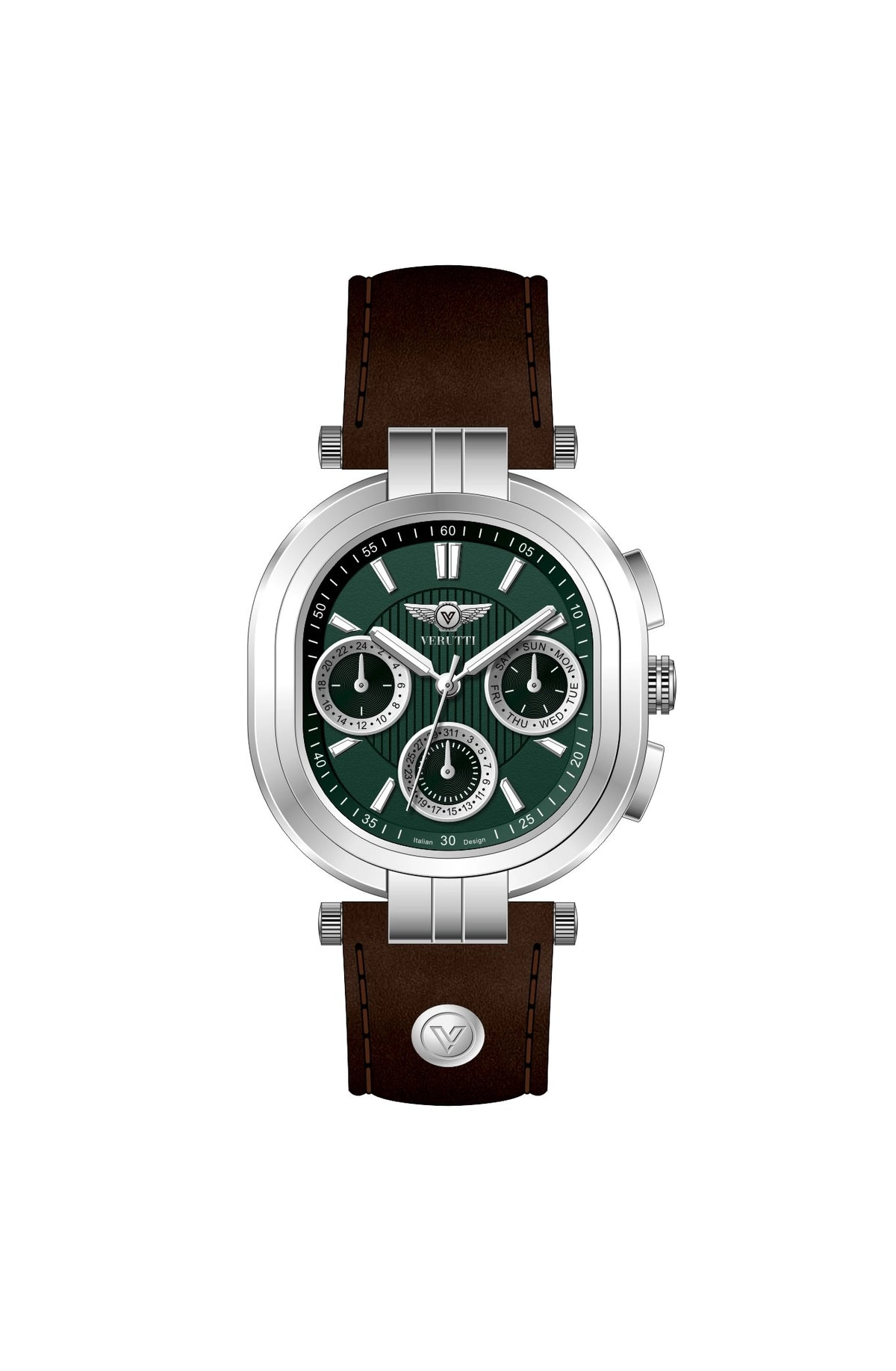 Verutti VR 1119-03 men's watch with olive green textured dial and dark brown leather strap
