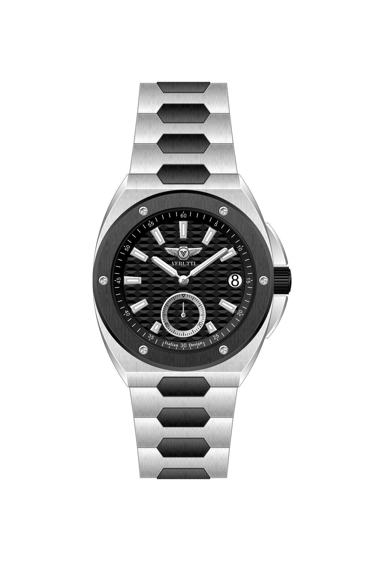 Verutti VR 1120-02 men's luxury watch with black Tapisserie-pattern dial and integrated stainless steel bracelet
