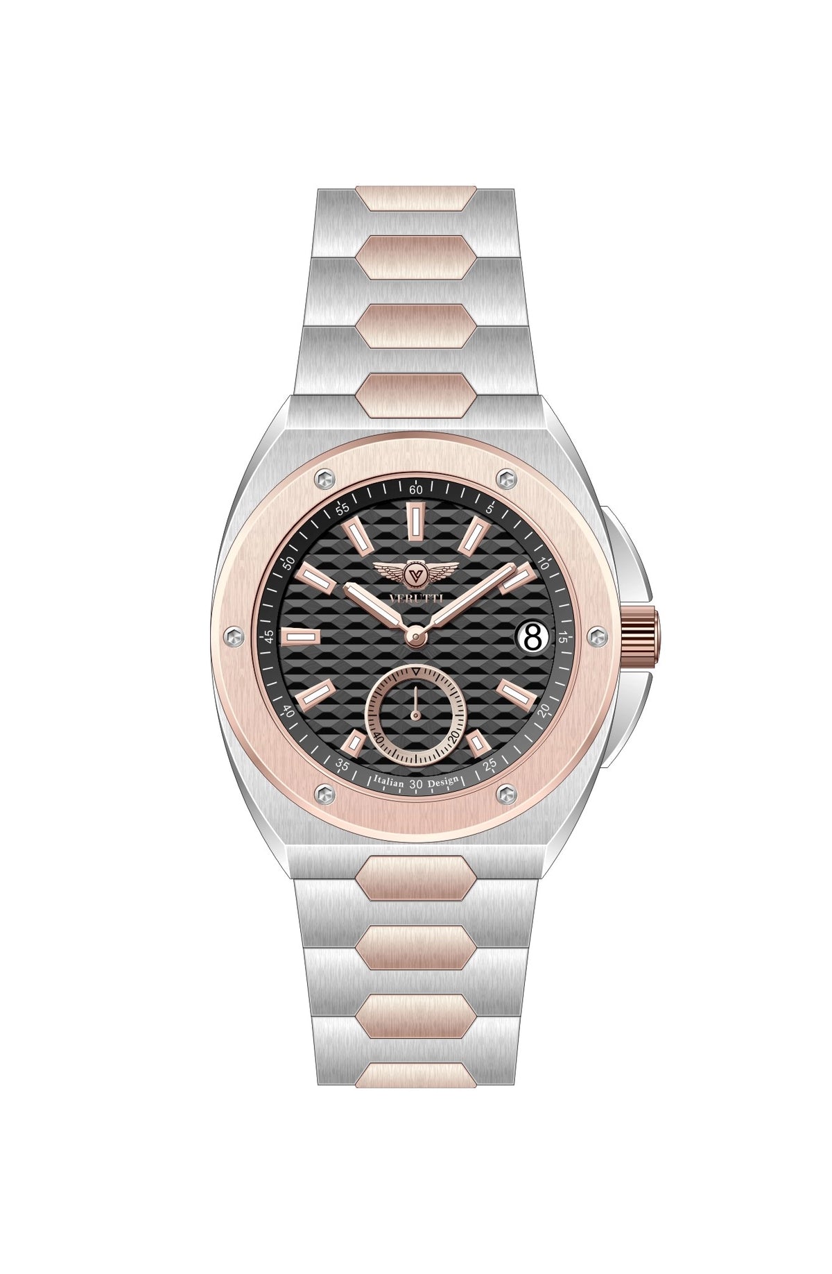 Verutti VR 1120-03 men's luxury watch with dark Tapisserie-pattern dial and two-tone integrated stainless steel bracelet